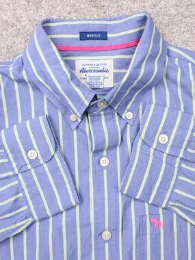 Abercrombie & Fitch Shirt Mens XL Blue/Green Muscle Fit Long Sleeve Y2K Moose
